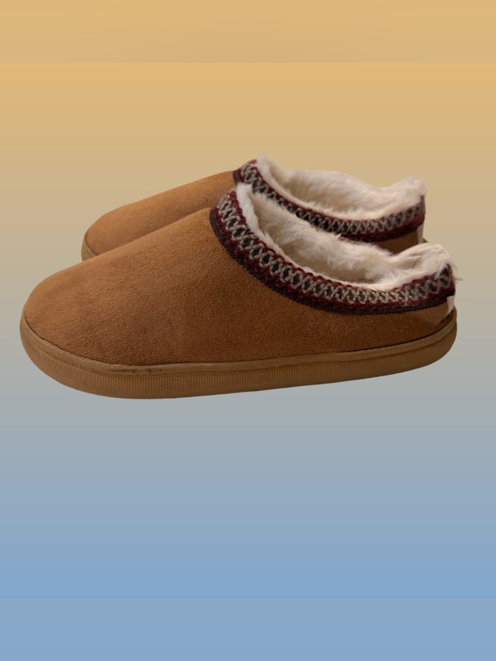 Kooba Faux Suede Slipper Women’s M 6.5-7.5 Tan Knit Trim Shearling lining